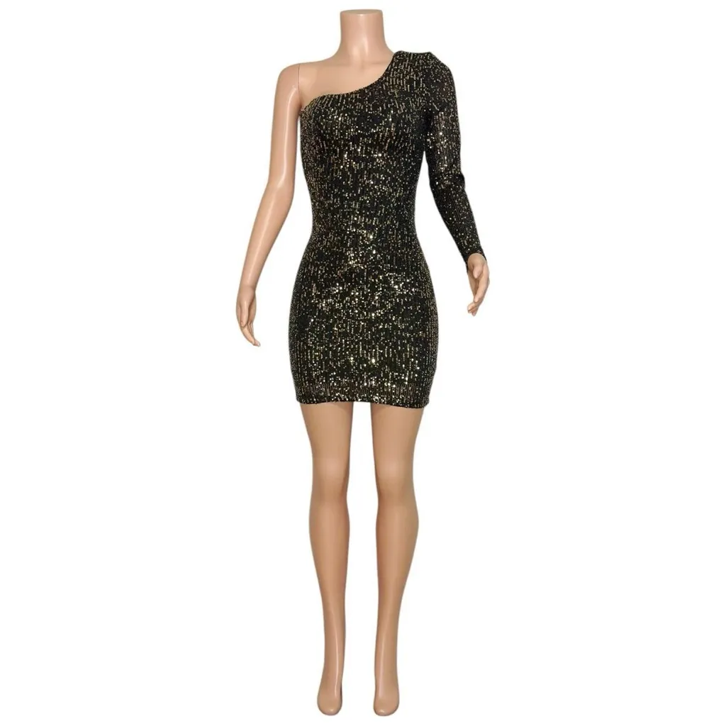 NOOKIE Fortune One Shoulder Sequin Mini Dress, Black/Bronze, XS - Image 10