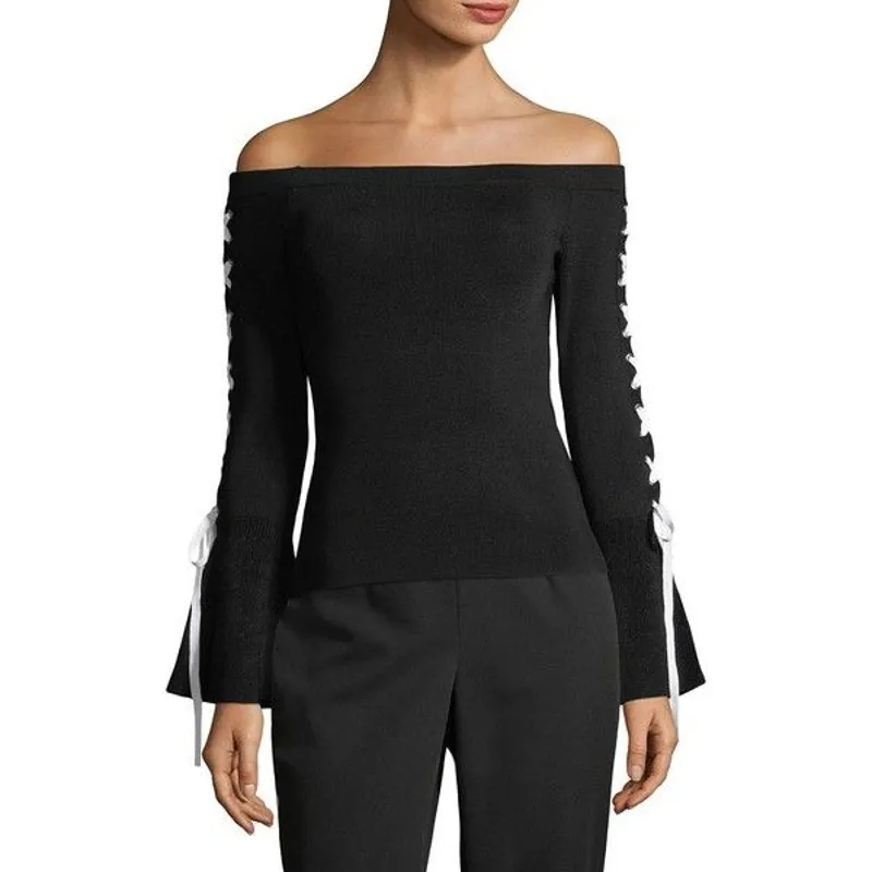 Scripted Off-The-Shoulder Contrast Lace-Up Bell Sleeve Sweater Size Small - Image 8