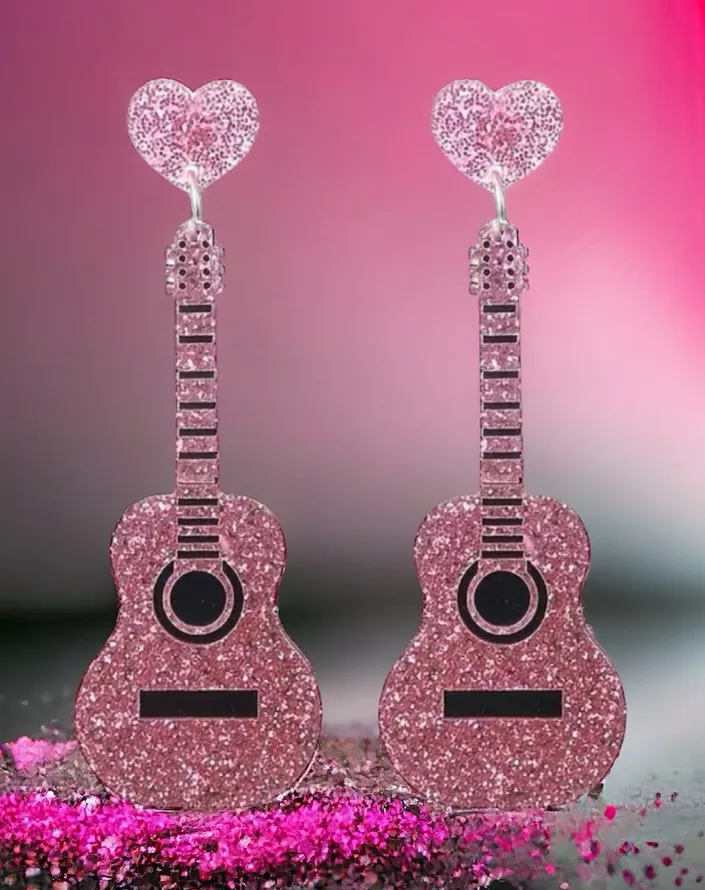Sparkle with style: Pink guitar glitter acrylic earrings‎ - Image 2