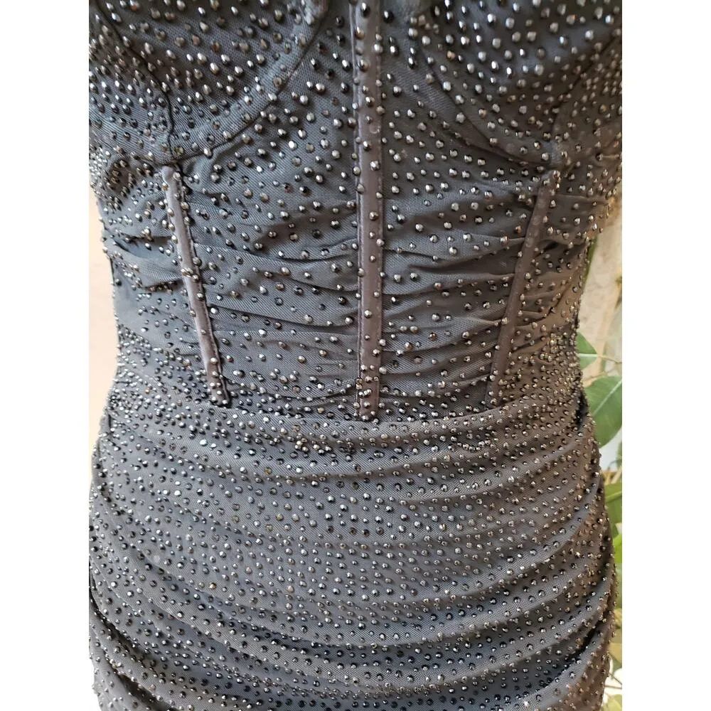 Oh Polly Mini Bodycon Dress Women's Size 4 Black Sheer Embellished Scoop Neck - Image 11