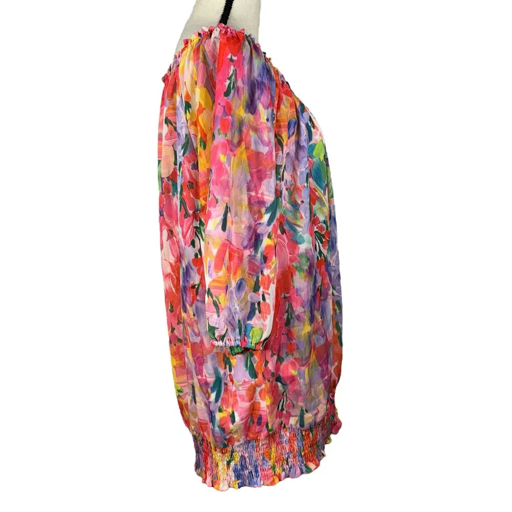 Lane Bryant SZ 18/20 Top Floral Semi-Sheer Boat Neck 3/4 Balloon Sleeves Smocked - Image 5