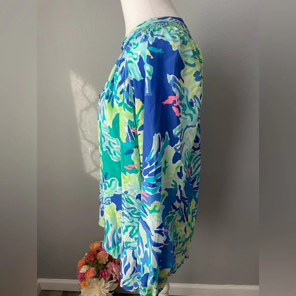 Lilly Pulitzer Elsa 100% Silk Top - Blue Green Pink Tropical Print - Image 5