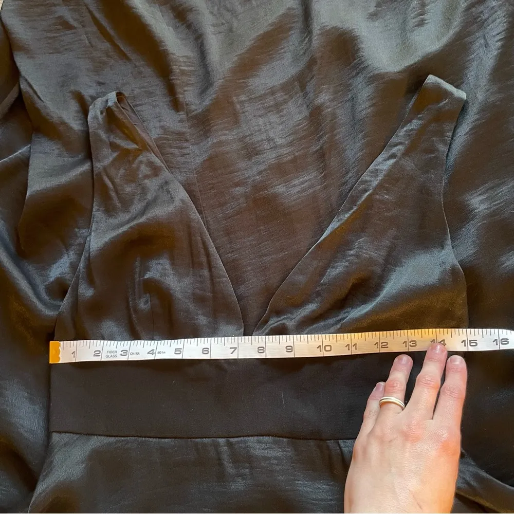 Moulinette Souers Anthropologie Black Satin Plunge Asymmetrical Hem Midi Dress 6 - Image 9