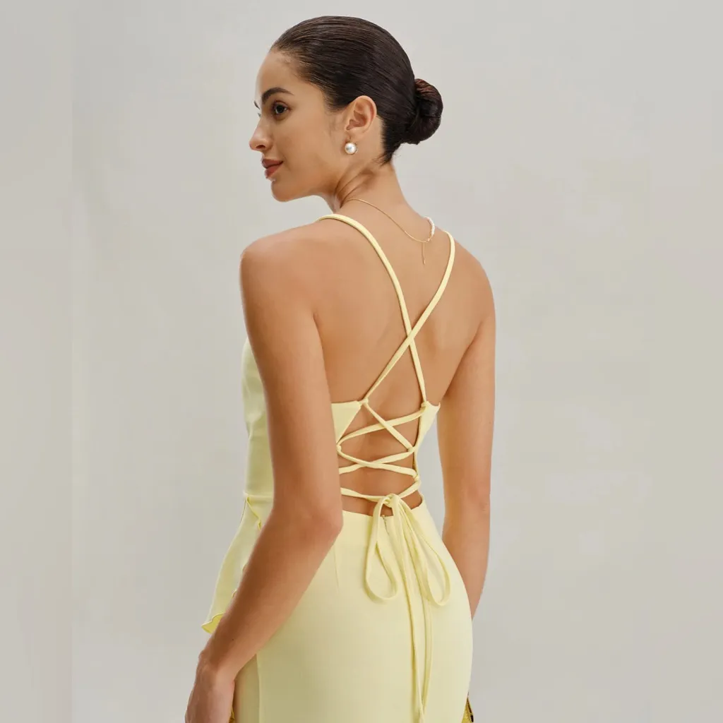 Rihoas Yellow Ruffle Backless Slit Slip Maxi Dress Size XS - Image 3