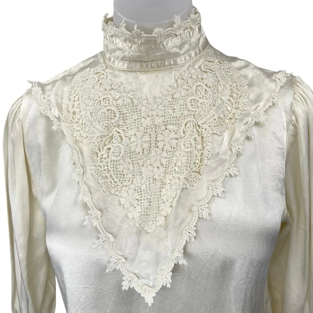 Vintage Gunne Sax White Silk Satin Lace Mock Neck Long Sleeve Blouse Top Size S - Image 3