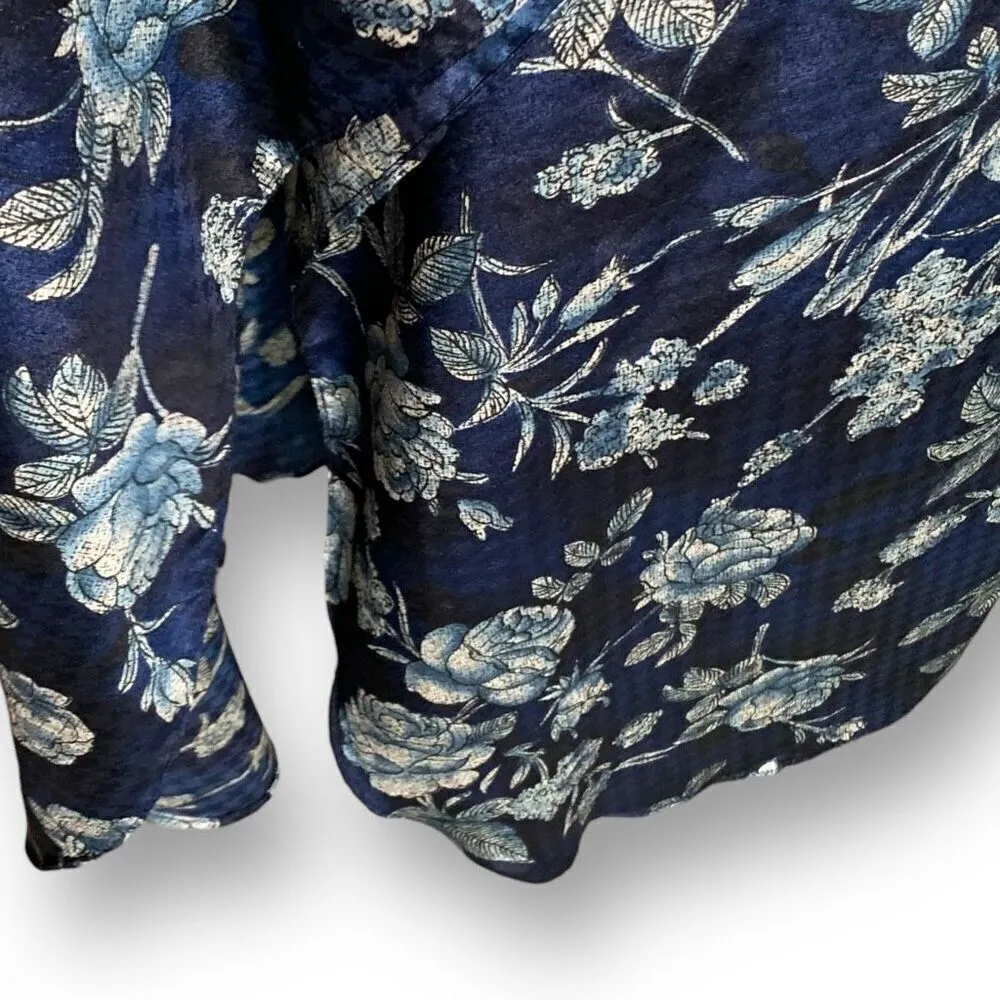 Vintage 90s Kaftan Maxi Dress Navy Blue Dark Floral Rose Houndstooth Satin OS Size undefined - Image 4