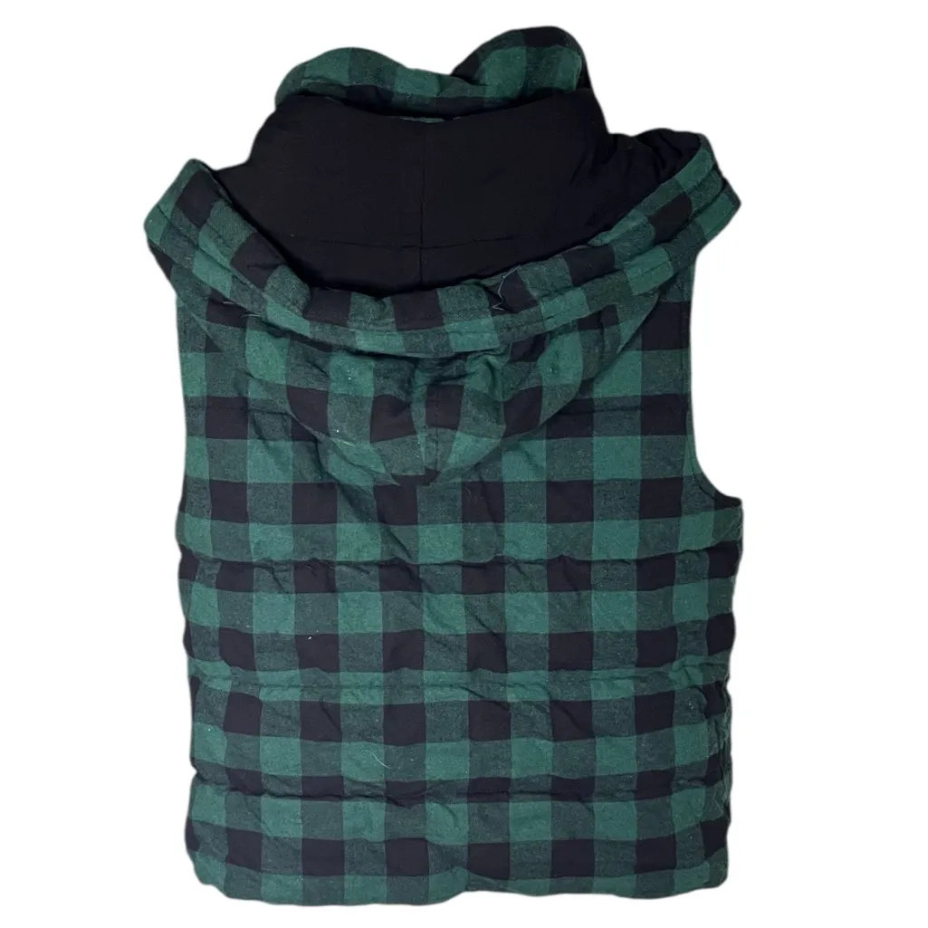 Double Zero Buffalo Plaid Puffer Vest Hooded Faux Leather Pockets Green Black M - Image 2