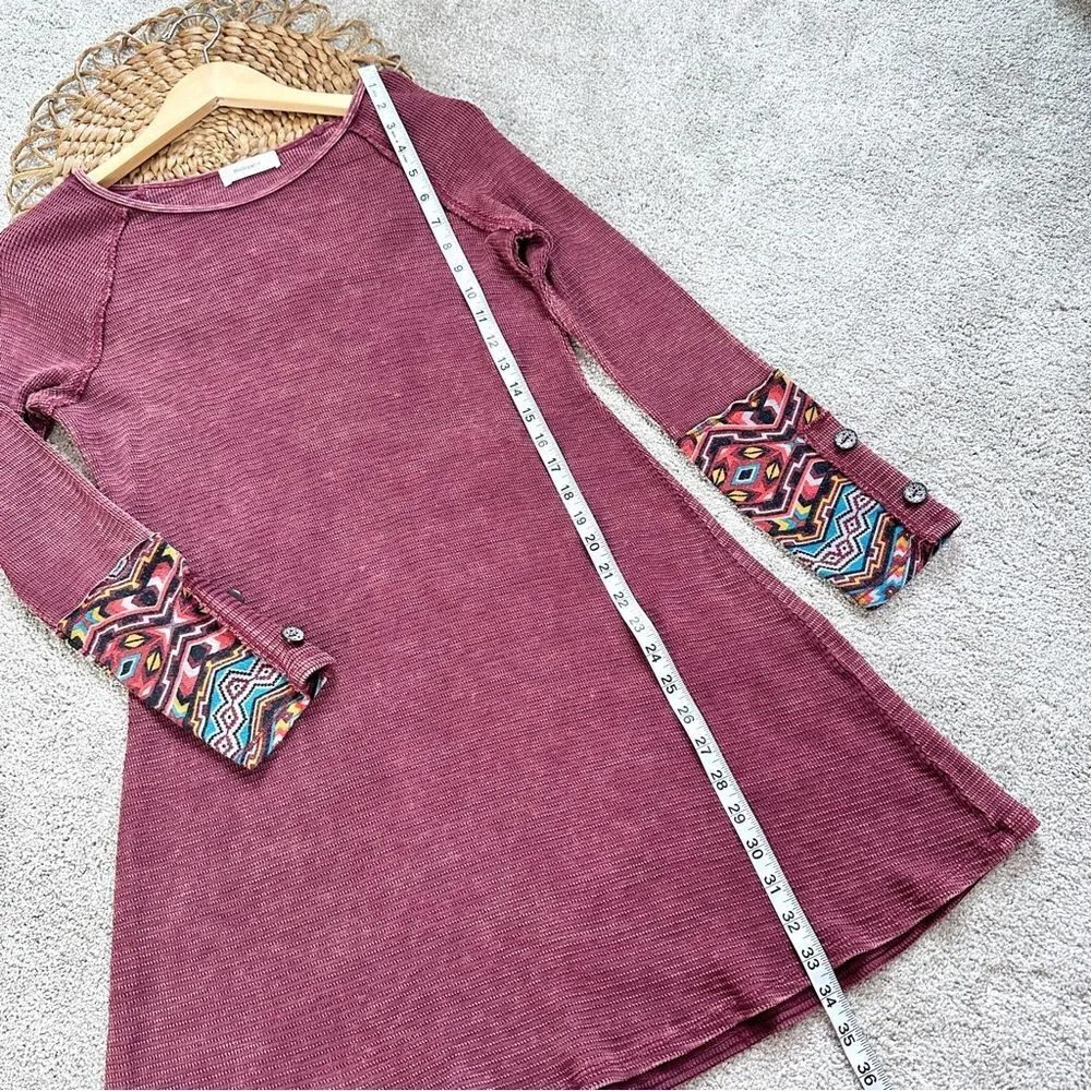 Hailey&Co Waffle Knit Washed Boho Burgundy Red Long Sleeve Mini Dress Size L Size L - Image 10