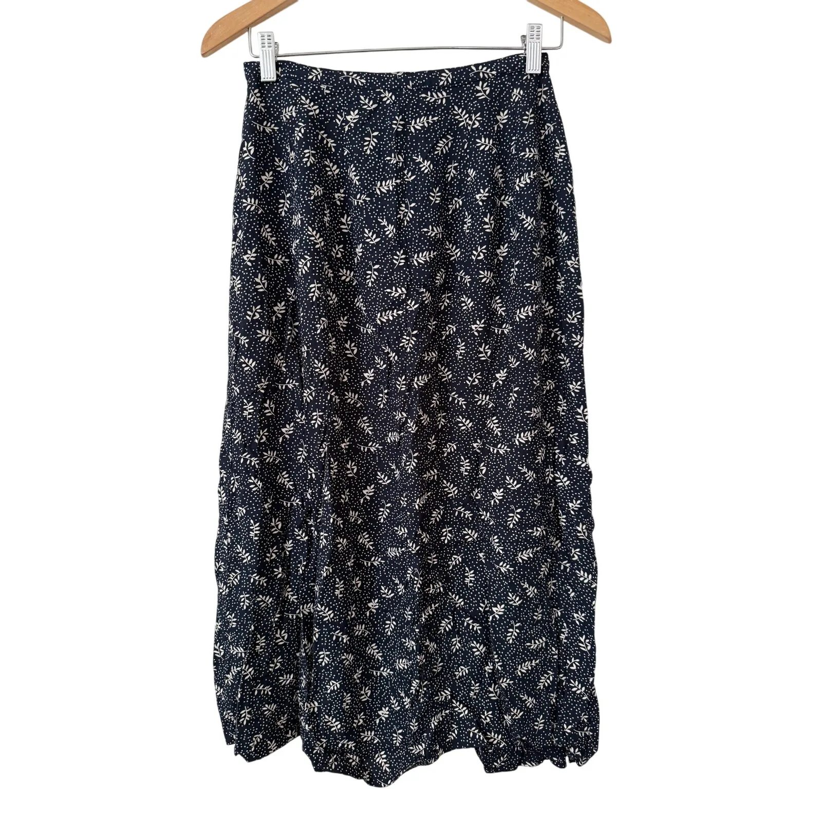Vintage Eddie Bauer Retro Blue/Cream Plant Print Flowy Midi Button Down Skirt-8 - Image 4