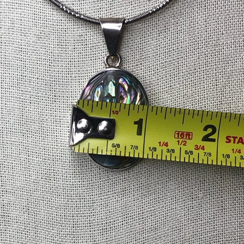 Vintage Oval Abalone Cabochon Pendant On Sterling Silver Snake Chain Necklace Purple - Image 7