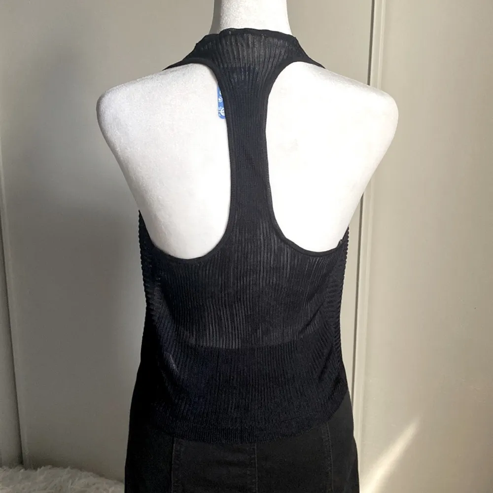 Free People Black Ribbed Semi-Sheer Cowl Neck Racerback Sweater Cami Tank Top - Image 4