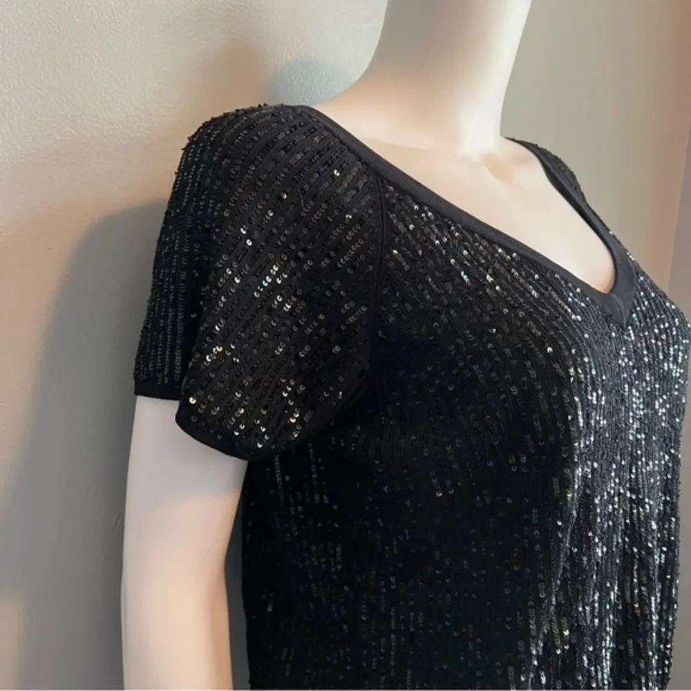Votre Nom Black Sequin Stretch Short Sleeve Top Party Holiday Sparkly Blouse L Size L - Image 3