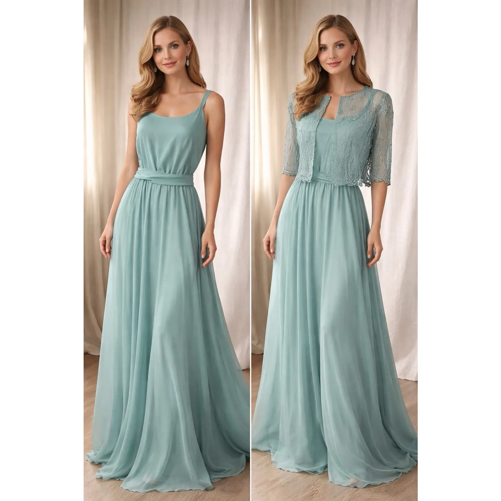 Jack Bryan Seafoam Chiffon Maxi Dress w/ Beaded Sheer Jacket – Size 10 Green - Image 2