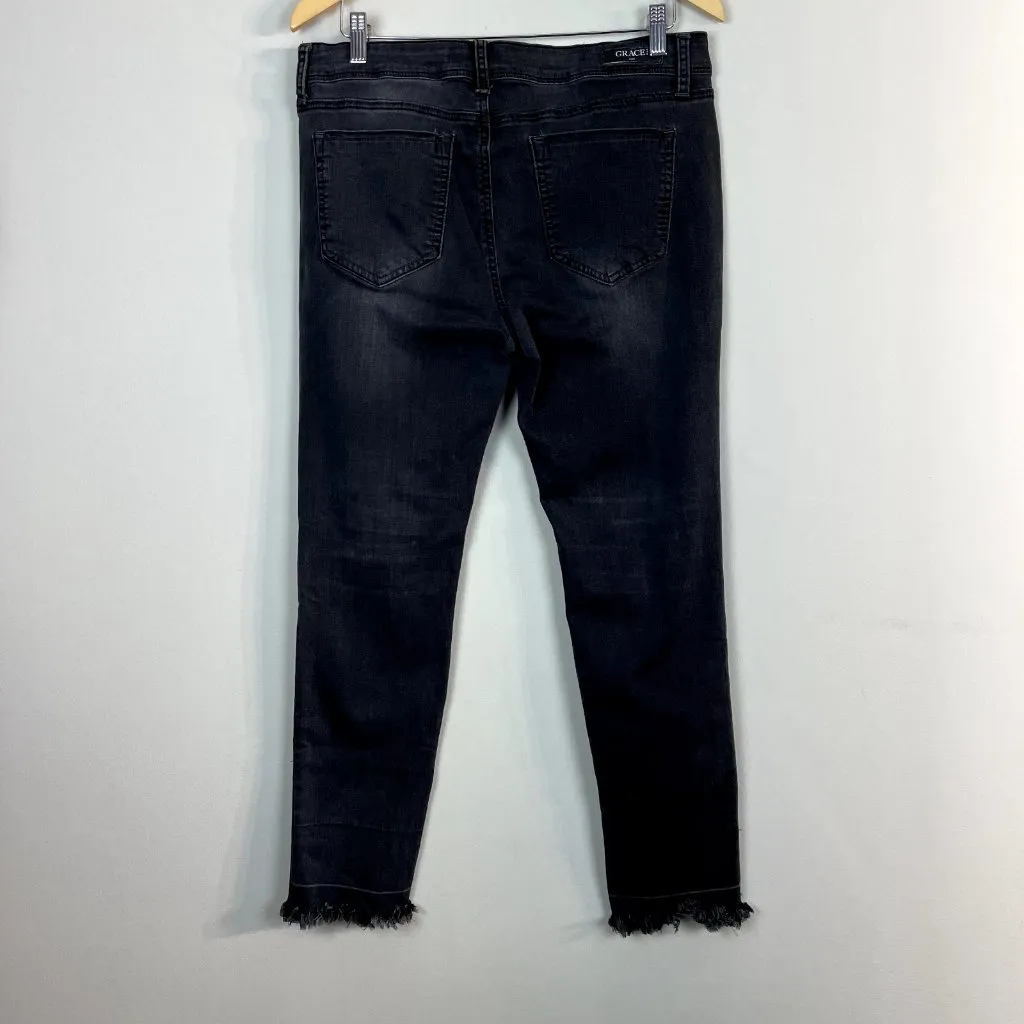 Grace In LA Jeans Womens 31 Charcoal Black Skinny Frayed Hem Stretch Denim Ankle - Image 4