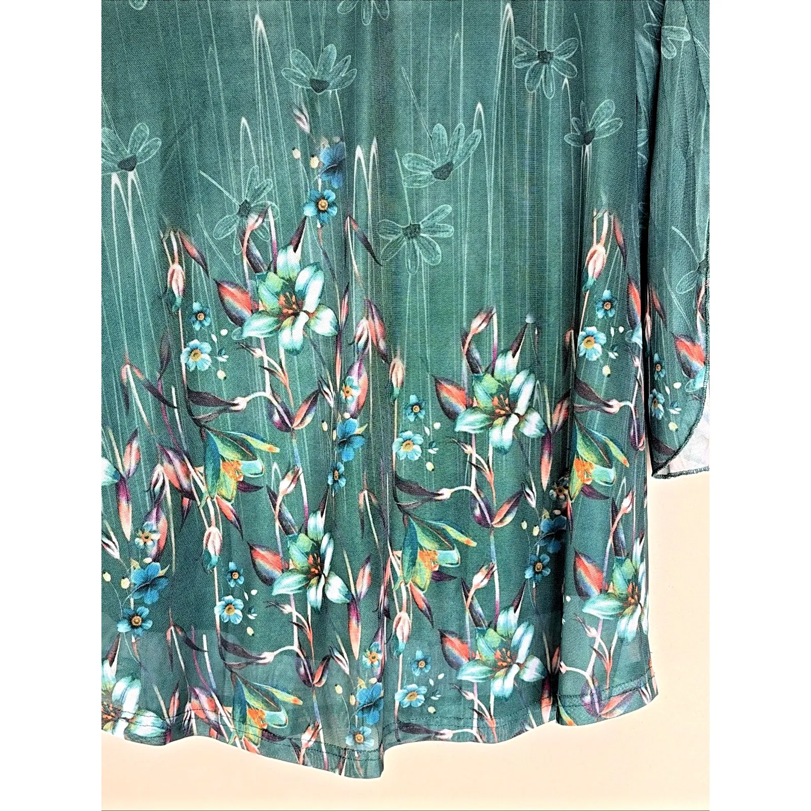 VALOLIA Green Garden Floral Fairy Vneck Mesh Overlay Blouse Top Shirt Medium NEW - Image 2