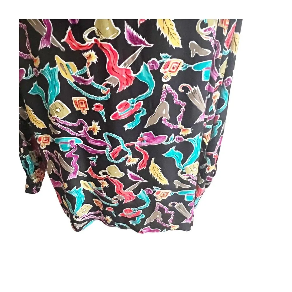 Diane Von Furstenburg Vintage Novelty Hats Feather Button Down Shirt XL Artsy Black - Image 9