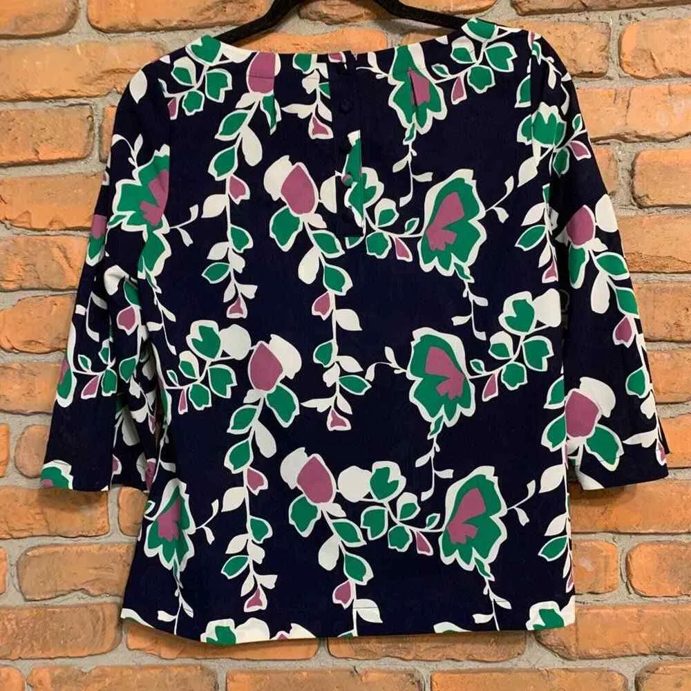 Banana Republic Floral Blouse Womens Small Navy Green 3/4 Sleeve Button Back Top - Image 3