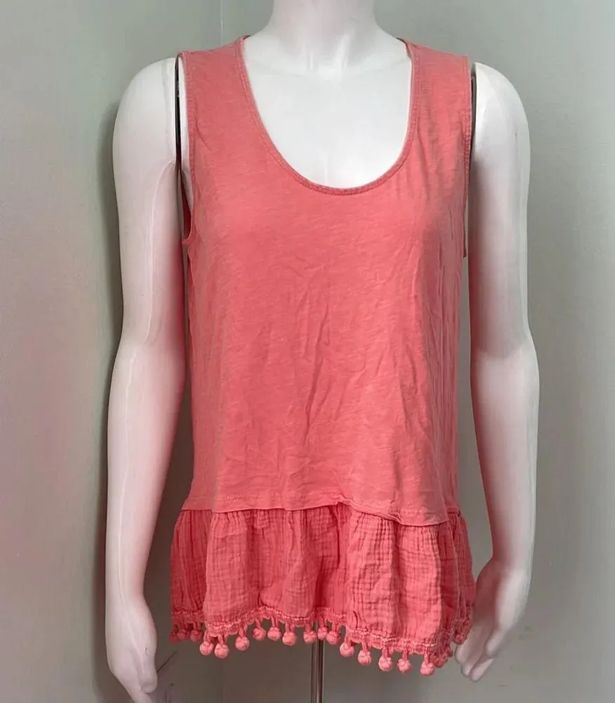 ANTHROPOLOGIE eri + ali  Coral Peplum Tasseled Tank Top Size Medium - Image 5
