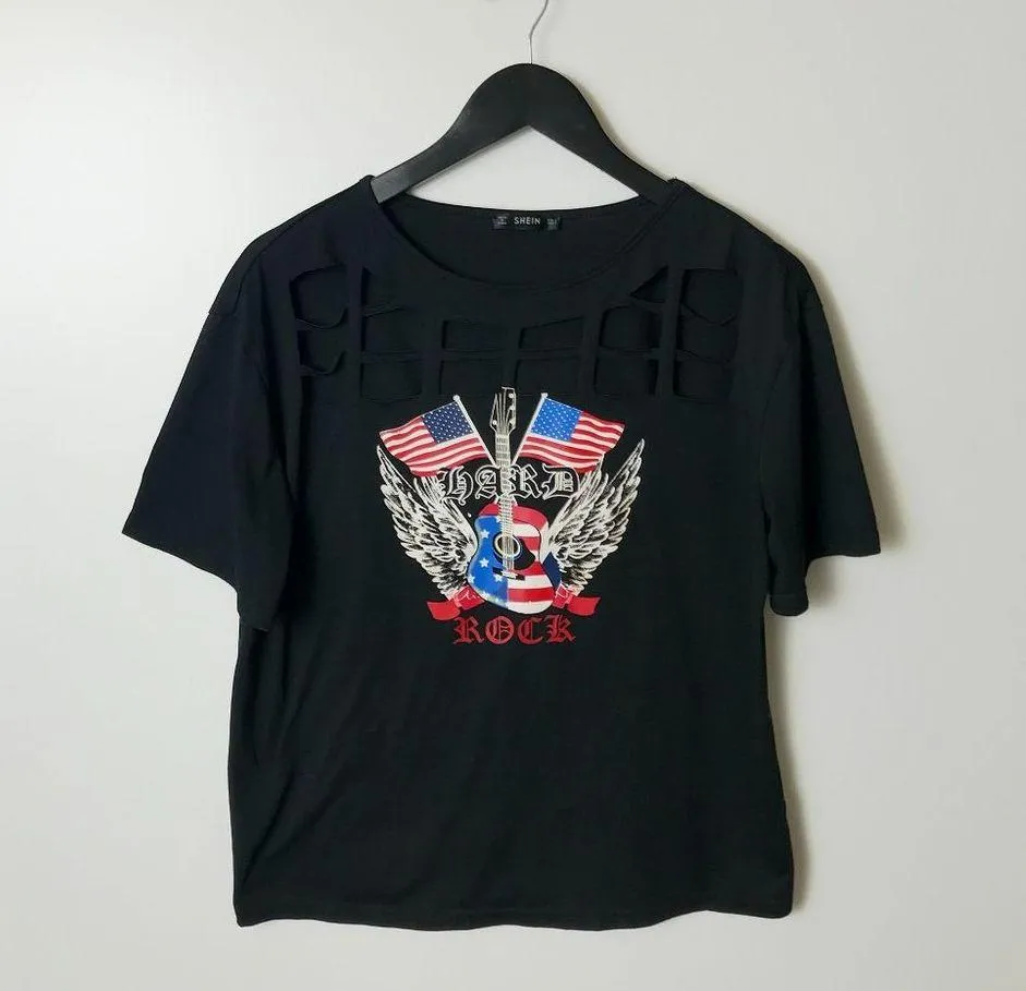 Shein Every Hard Rock T Shirt USA Flag Wings Graphic Tee Short Sleeve Cotton L - Image 8