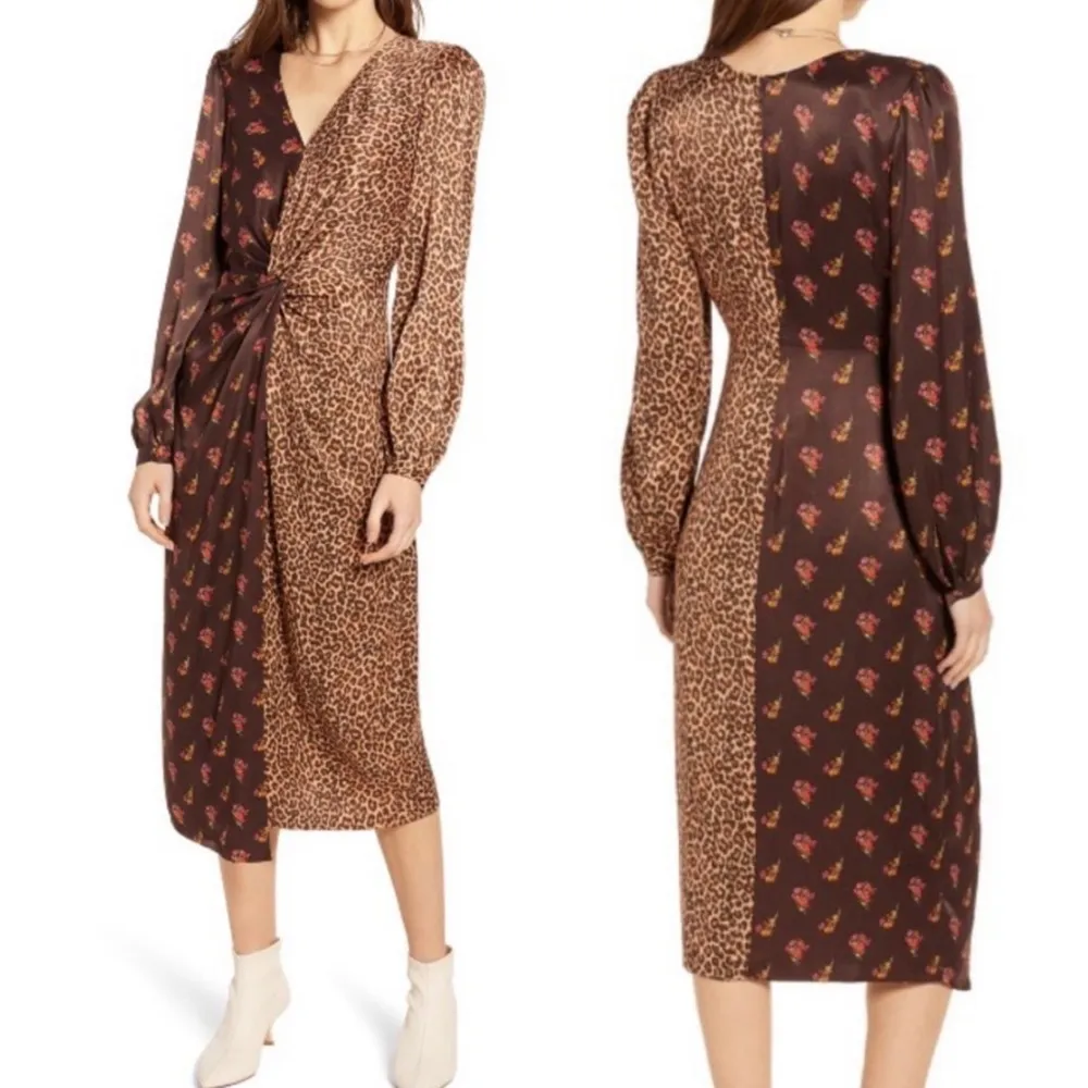 Something Navy Twist Front Long Sleeve Double Printed Midi Dress Leopard Floral - Image 3