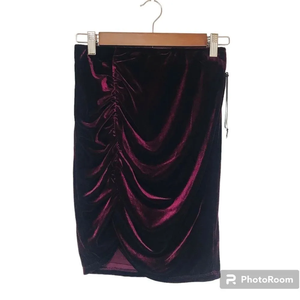 1. STATE Burgundy‎ Velvet Mini Skirt Pencil Ruched Red Purple Size XS Large New - Image 2