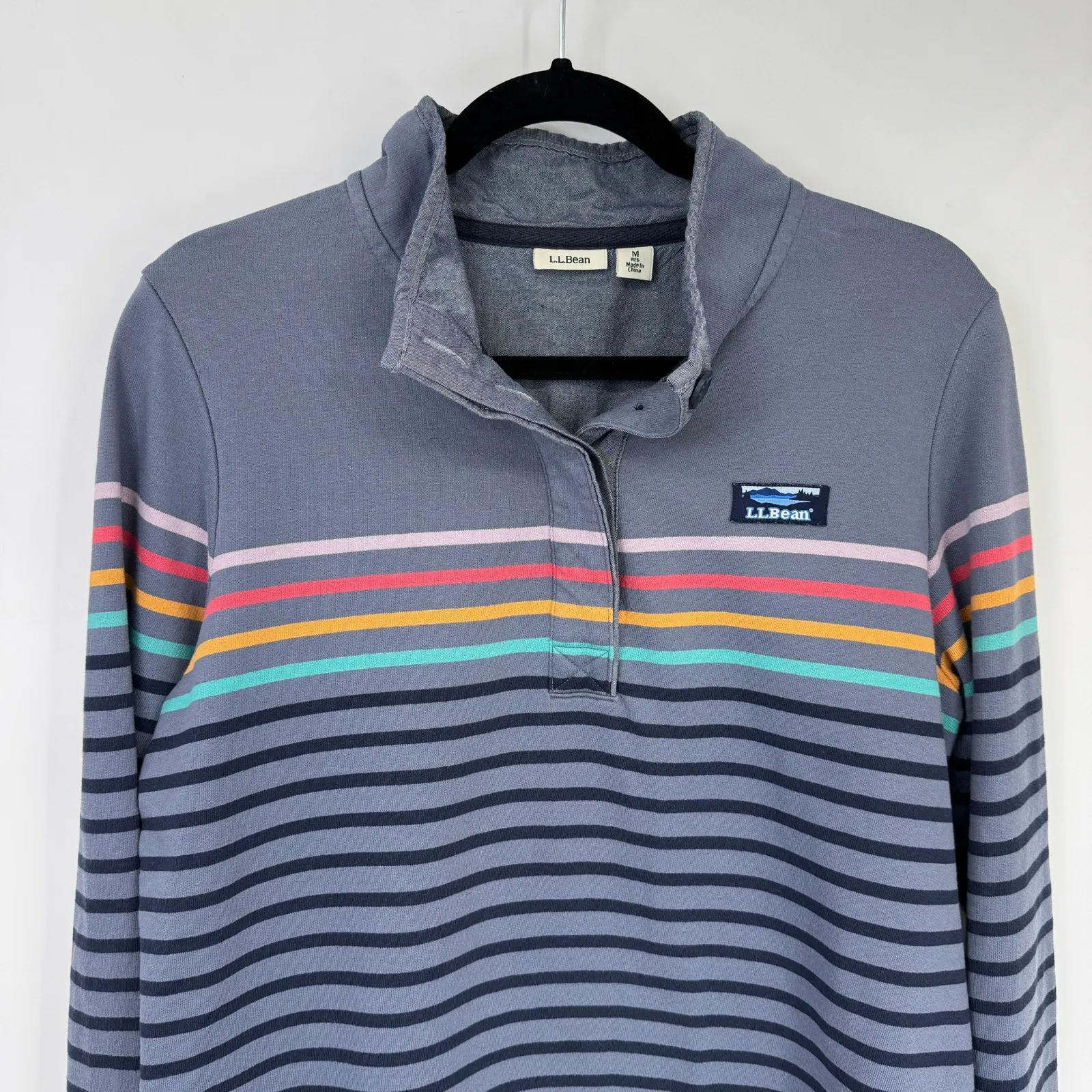 LL Bean Classic Pullover Sweatshirt Womens Medium Gray Cotton Rainbow Stripe - Image 2
