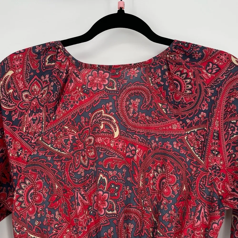 Bohme Anthropologie Long Sleeve V-Neck Paisley Bohemian Red Ruffle Midi Dress Sm - Image 6