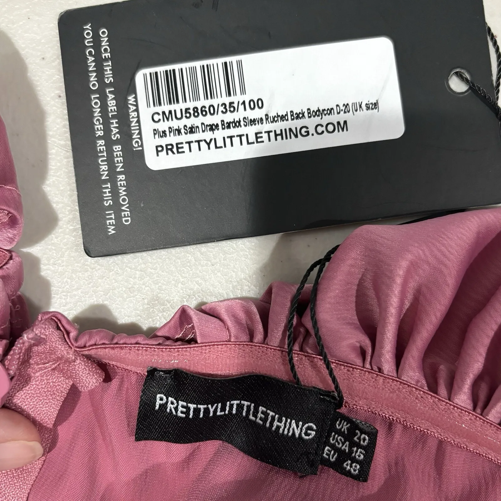 PrettyLittleThing‎ Pink Satin Drape Bardot Sleeve Ruched Back Bodycon Dress 16 - Image 4