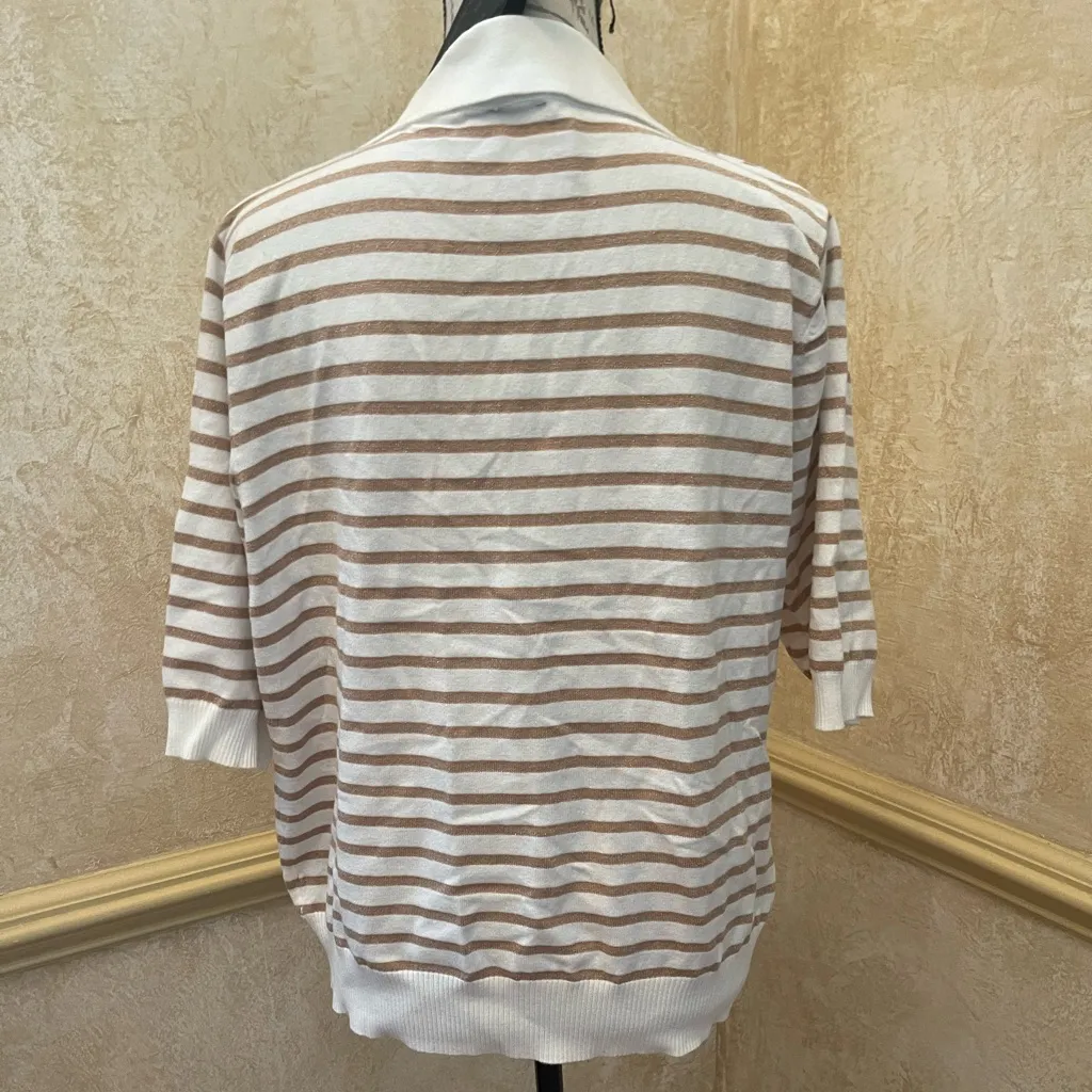 Aaeda Polo Collar Stripe Sweater Gold Metallic short sleeves Sz XL White - Image 5