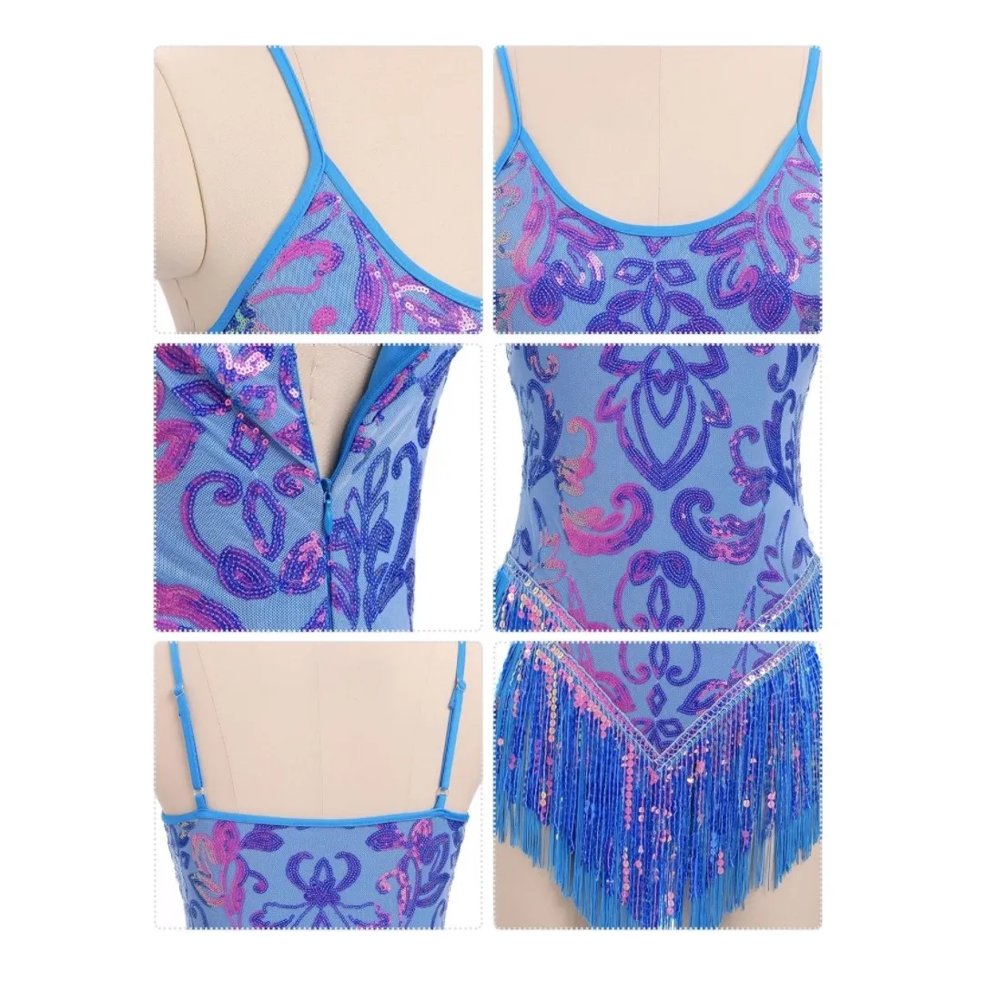 NWOT Sequin Fringe Bodysuit Sparkly Tassel Dance Rave Costume XS Blue - Image 3