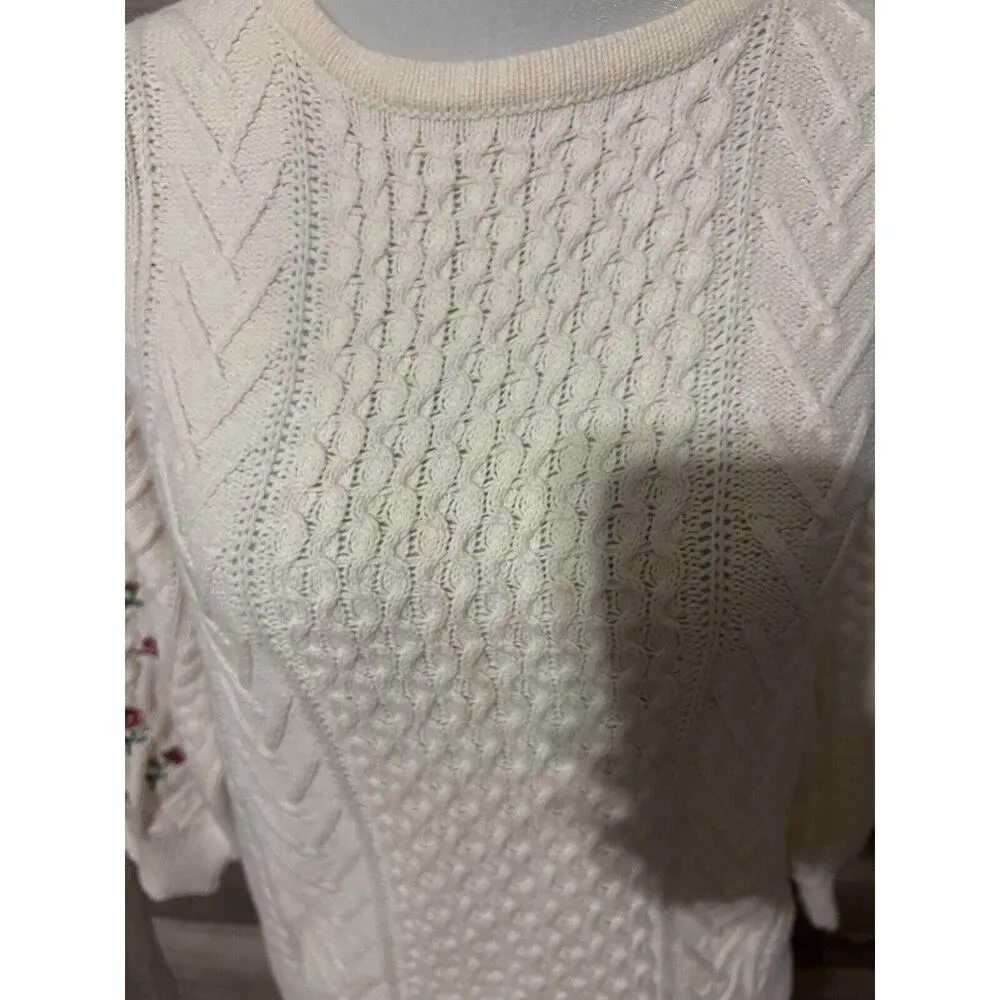 Vintage Cottagecore Sweater Small Embroidered Floral Knit Fisherman Chunky Ivory - Image 7