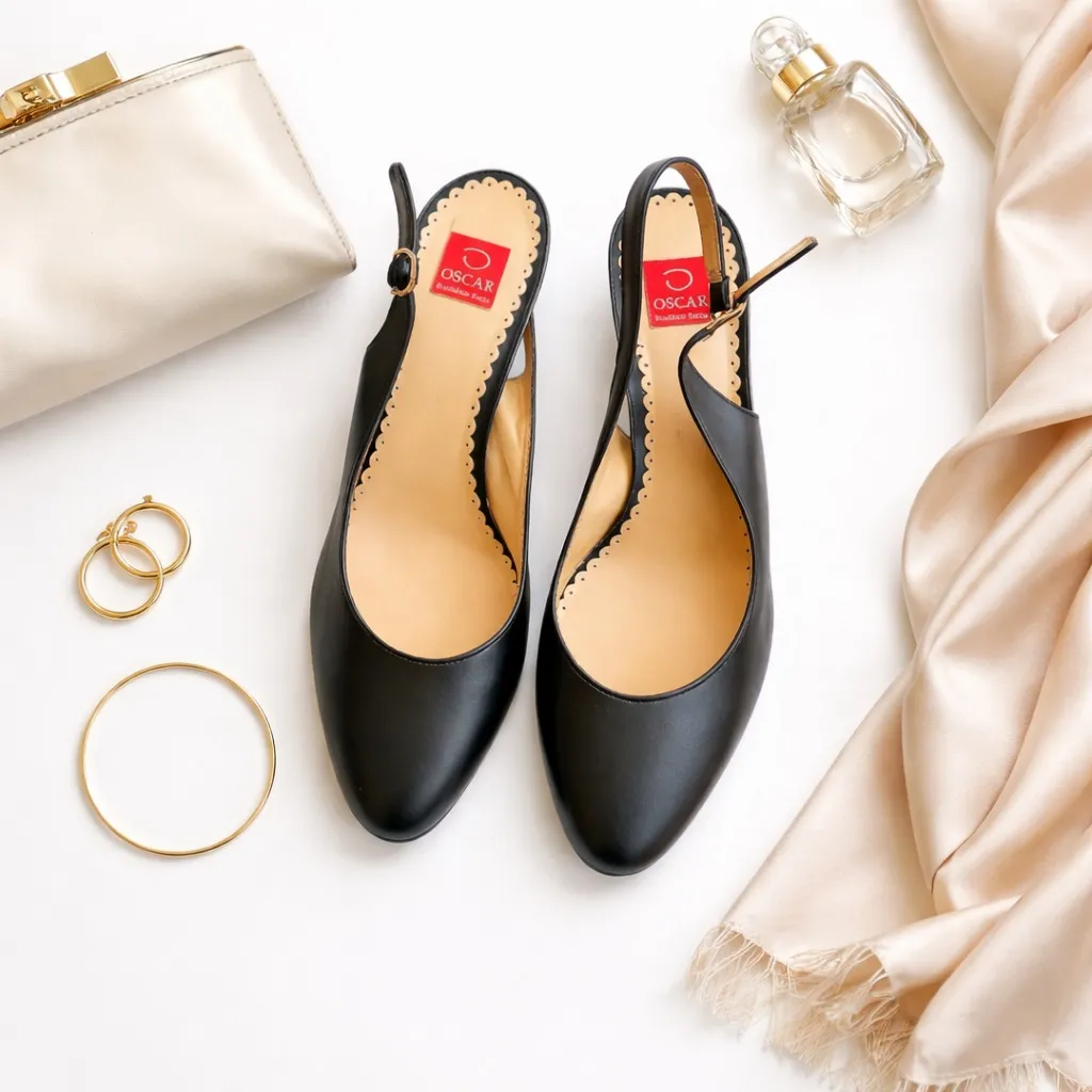 Oscar de la Renta Black Carmen Slingback Heels Scalloped Leather Women’s 8 EUC - Image 3