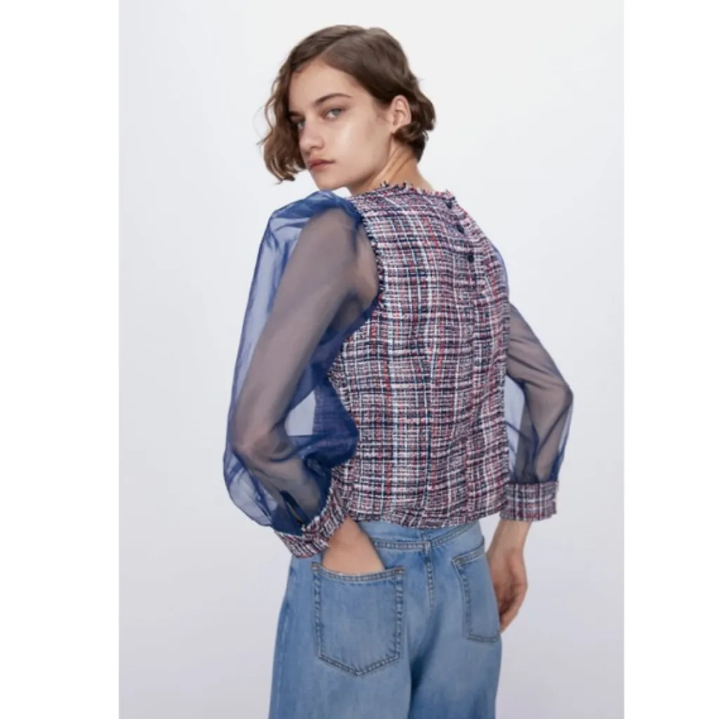 NWOT Zara ORGANZA AND TWEED Plaid TOP Blouse - Image 3