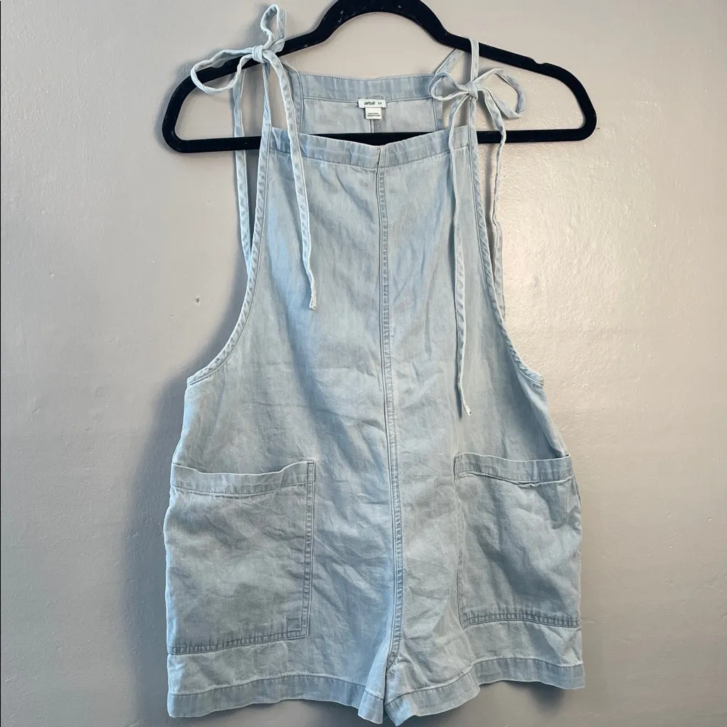 Aerie Women's Tie-Strap Sleeveless Chambray Shorts Romper light blue color s/p - Image 3