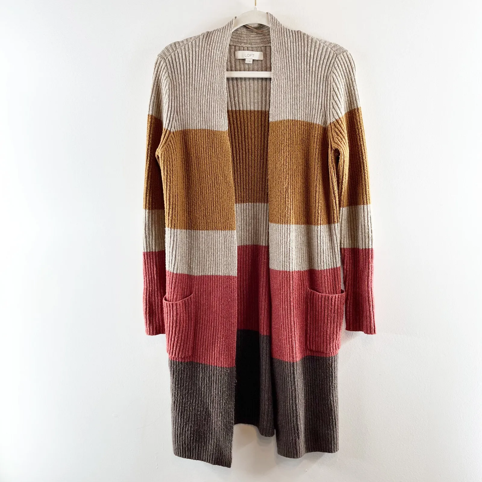 LOFT Colorblock Patch Pocket Open Front Ribbed Cardigan Sweater Multi Small - Image 3
