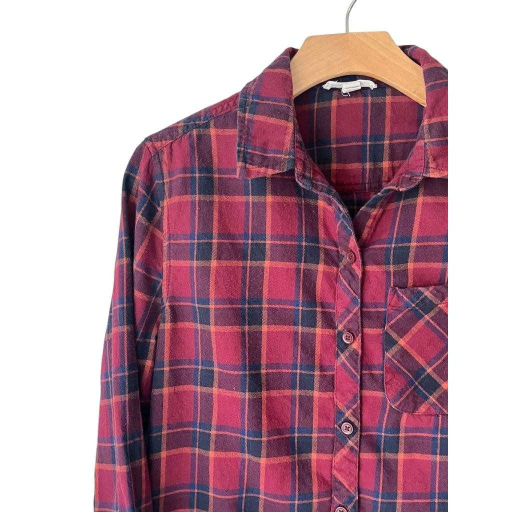 Beach Lunch Lounge Plaid Flannel Shirt Womens XS Red Button Up Boyfriend Pocket - Image 2