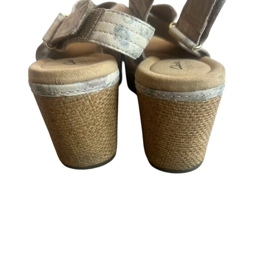 Clarks Giselle Cove Beige Floral Sandals Slingback Neutral Cork Wedges Size 11 - Image 16