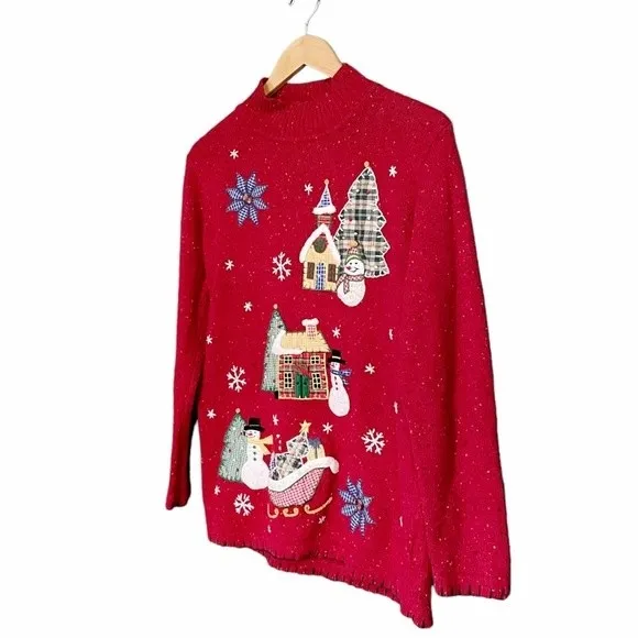 Vintage 90s Christmas Sweater Victoria Jones Red Size Small Snowman XMas Artsy - Image 4
