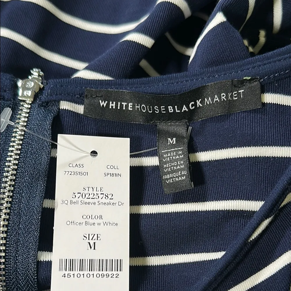 White House Black Market WHBM Navy Blue White Striped Bell Sleeve Dress Medium - Image 8