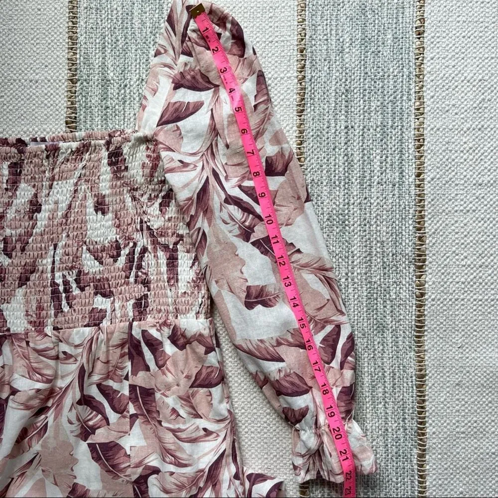 House Of Harlow 1960 White Pink Linen Blend Long Puff Sleeves Midi Dress Medium - Image 7