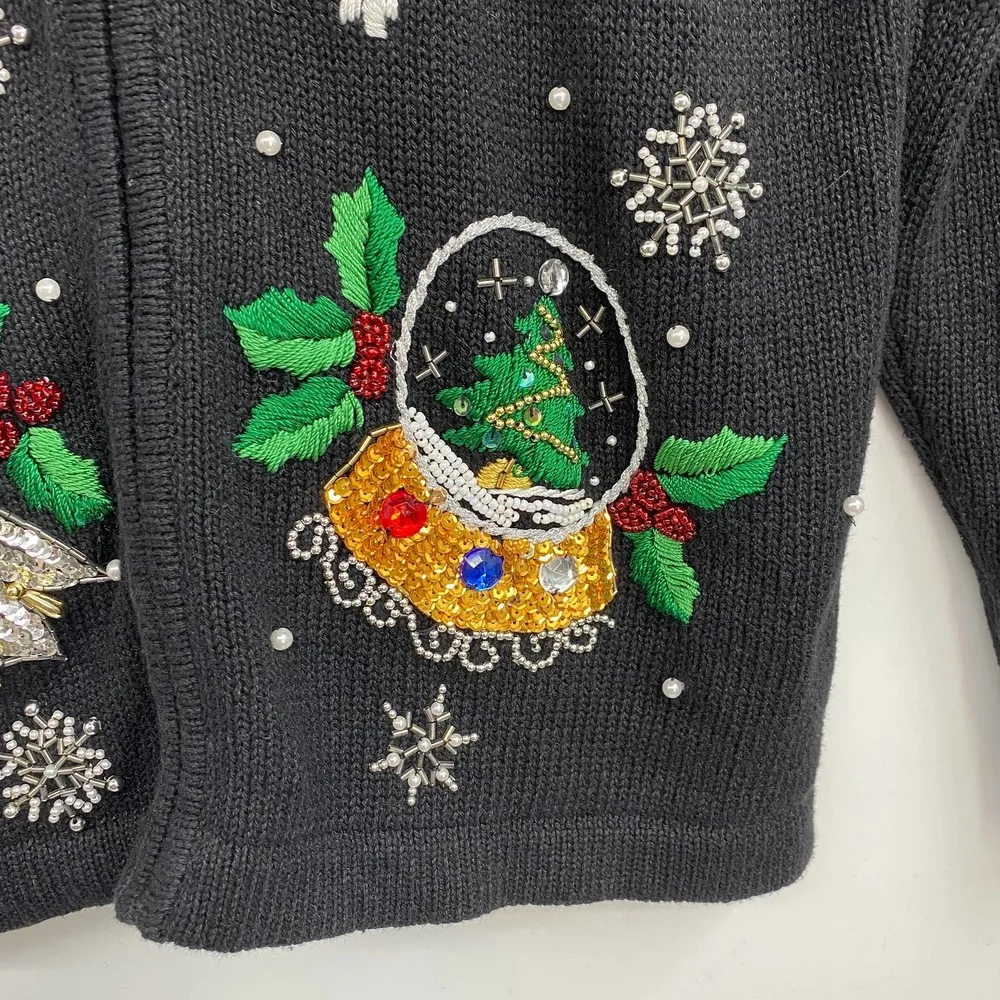 Vintage B.P. Designs Christmas Sweater Snowman Snow Globe Beading Embroidery - Image 4