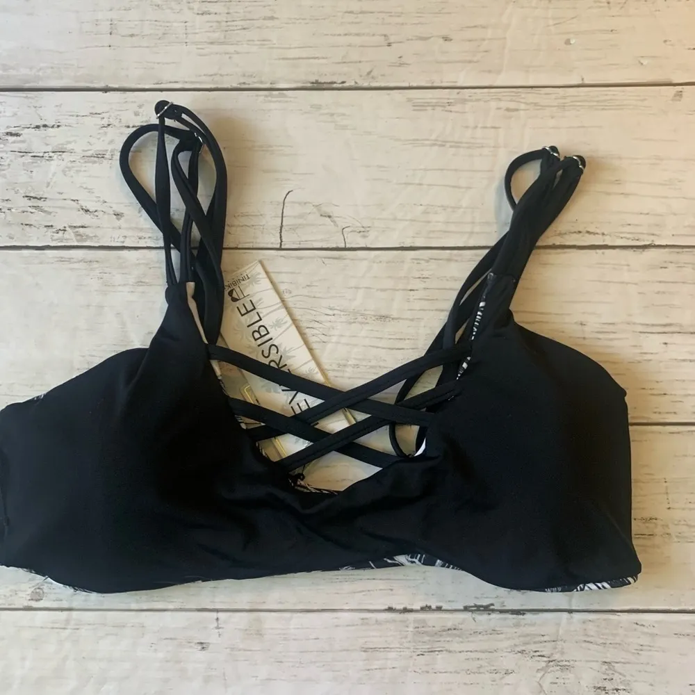 TiniBikini Black White Floral Reversible Bikini Top Bra Strappy Hawaiian Flower - Image 6