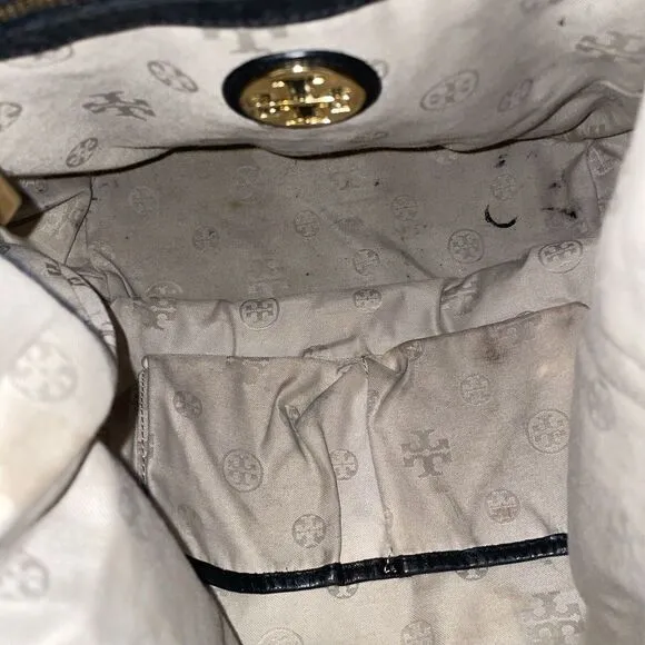 Tory Burch Pebbled Leather Large Crossbody‎ HOBO Bag TOTE Black Perforated Logo - Image 9