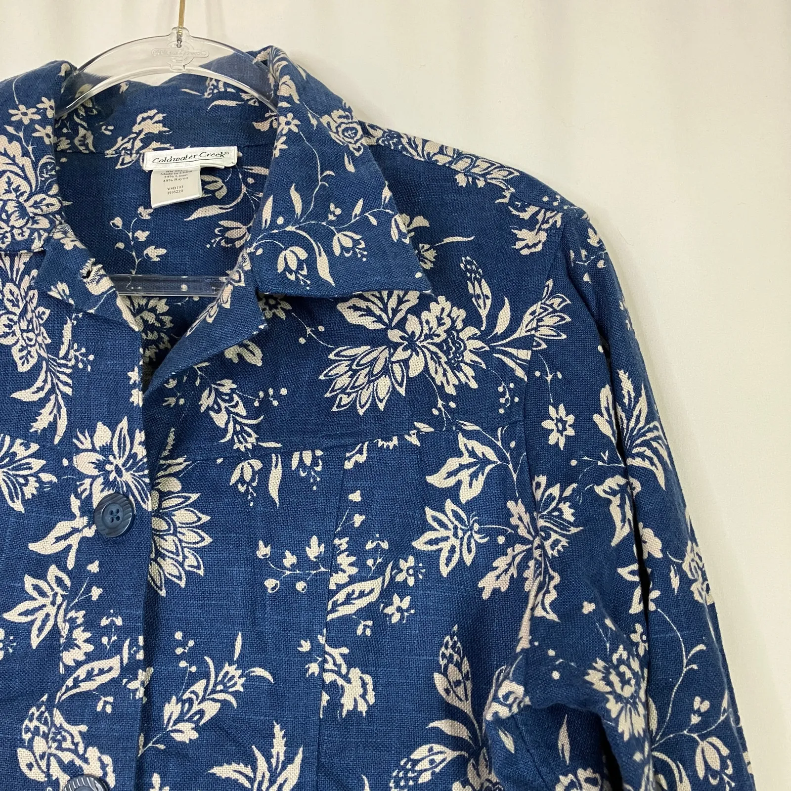 Coldwater Creek | Linen Blend Jacket Blue Floral Print Spring Womens Large - Image 2