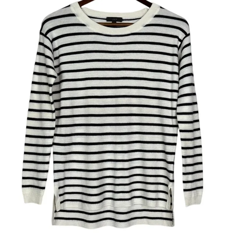 J. Crew Striped Leather Panel Wool Knit Long Sleeve Sweater XS Black Cream #4247 - Image 2
