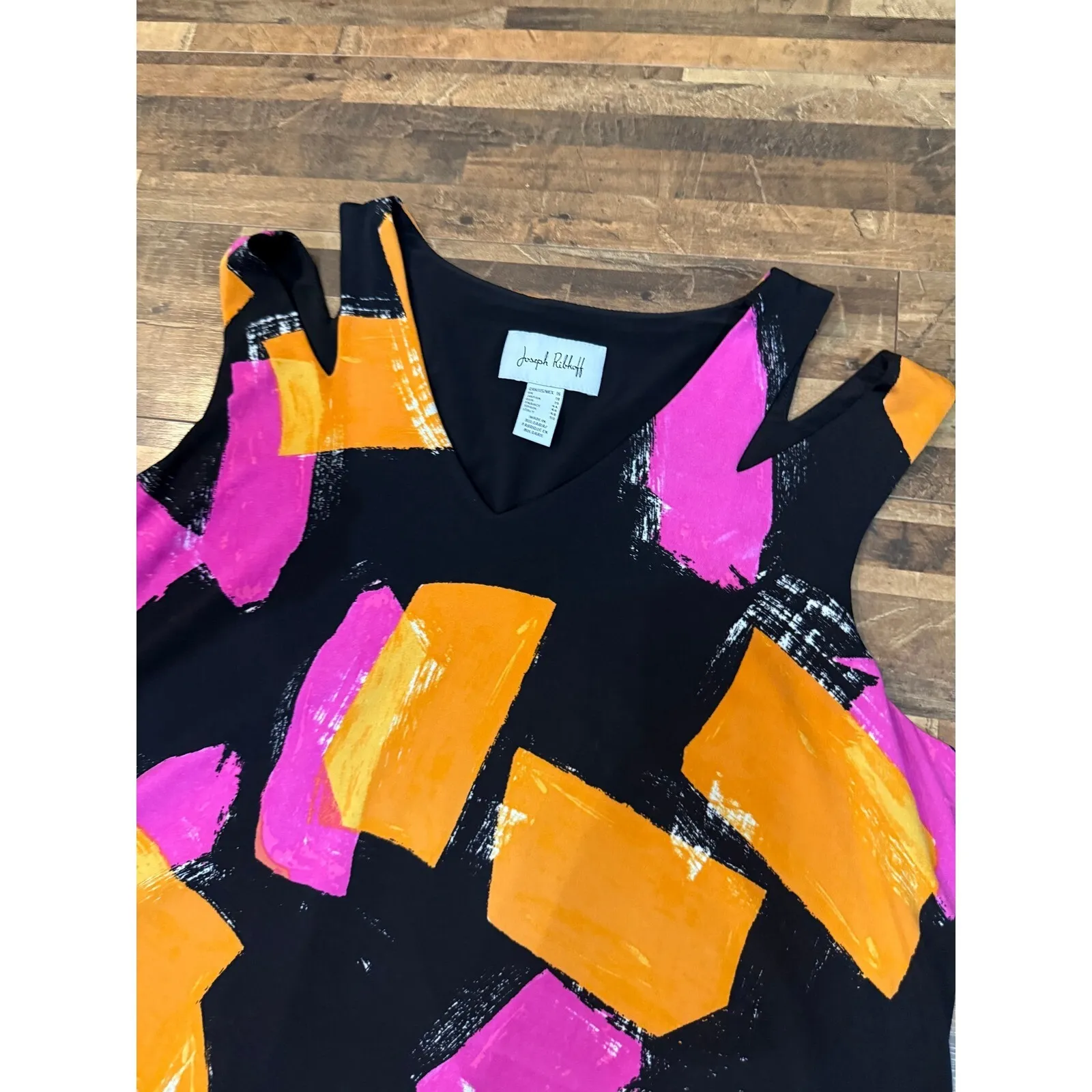 Joseph Ribkoff Women Dress 16 Abstract Print Sleeveless V Neck Black Pink Orange - Image 2