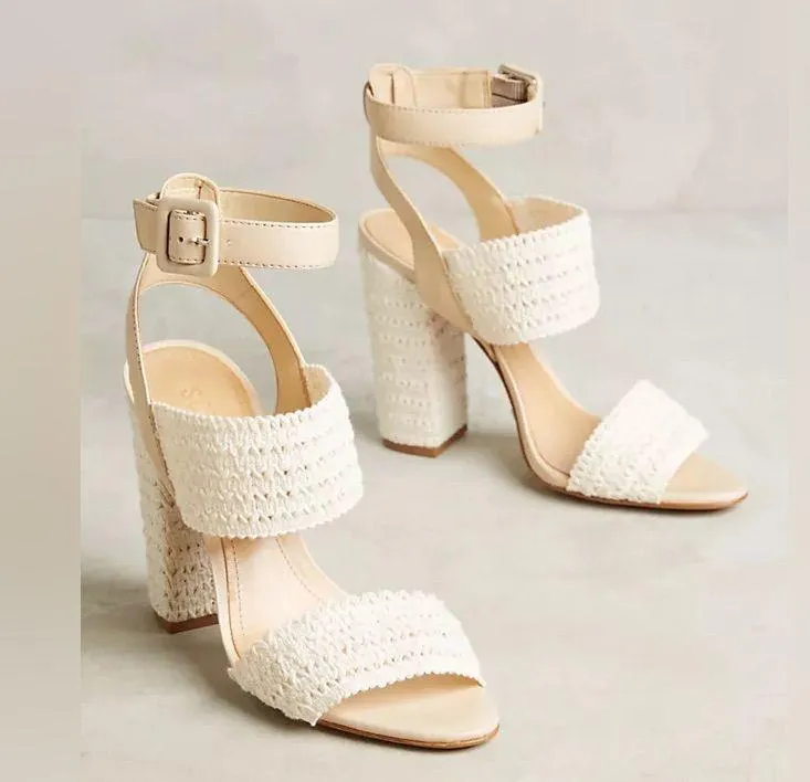 SCHUTZ Cream Woven Block Heel Sandals - Ankle Strap, Strappy, Open Toe, Chic 7B - Image 9