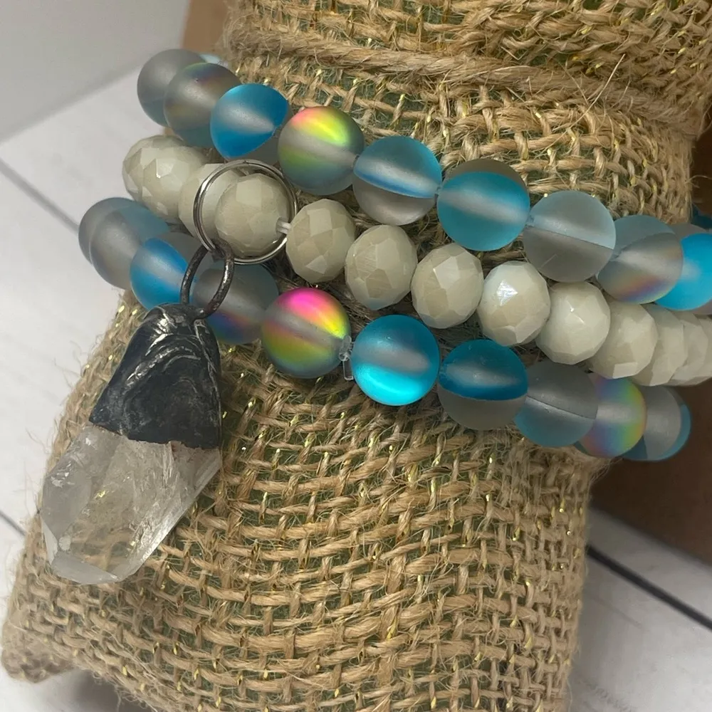 Moonstone and Beaded Crystal Bracelet Stack with Quartz Pendant Trio - Image 3