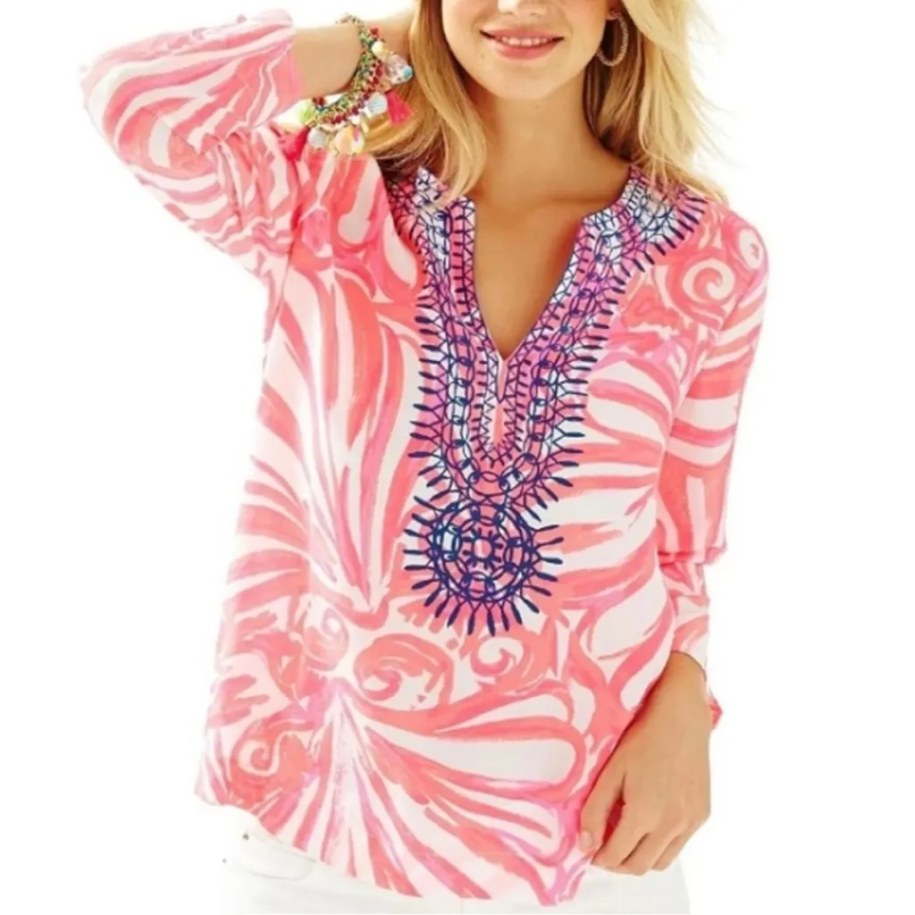 LILLY PULITZER Amelia Island Silk Tunic Pink Coral Navy Split Neckline Sz Small - Image 9
