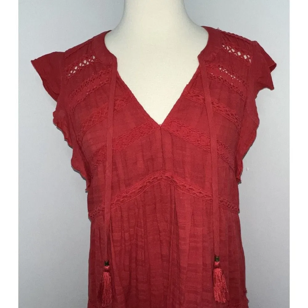 Knox Rose Womens Red Tiered Boho Dress Ruffle Flutter Sleeve Peasant Crochet S - Image 7